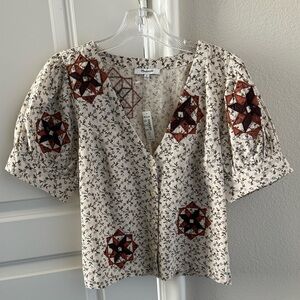 Madewell Cream Button-Front Floral Top with Rust Medallion Accents